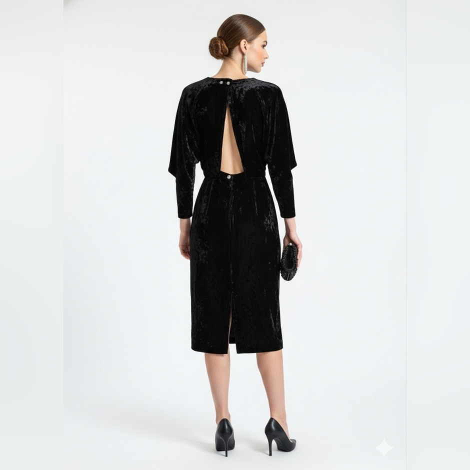 Vintage Susan Roselli For Vijack Black Crushed Velvet Open Back Dress